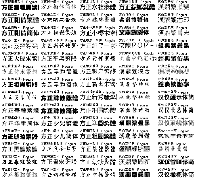 中文字体对照表