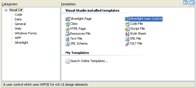 选择Silverlight User Control为自定义控件项目加入呈现界面的XAML文件