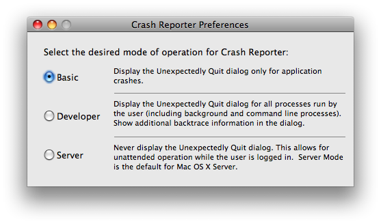 Crash Reporter Preferences