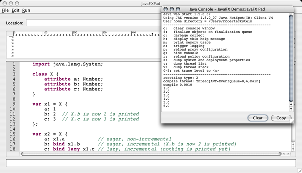 运行在Mac OS X上的JavaFX Pad及控制台，JDK1.5.0_07
