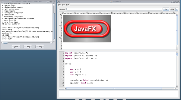 运行在OpenSolaris上的JavaFX Pad及Java控制台，JDK6