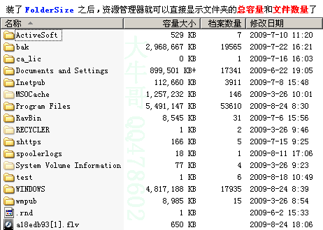 装了FolderSize,资源管理器可以直接显示文件夹总容量和文件总量