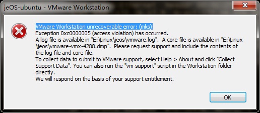 vmware player unrecoverable error vcpu0